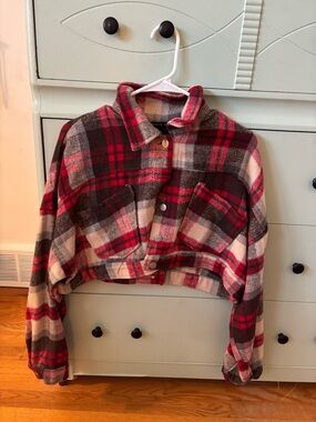 HYFVE Red and Brown Plaid Cropped Button-Down Shirt
